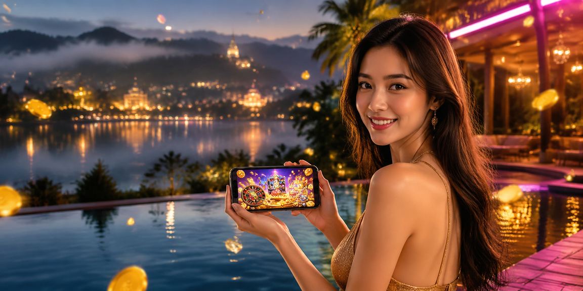 Người dùng trải nghiệm ứng dụng casino Jackpot với đèn neon tại Đà Lạt ban đêm